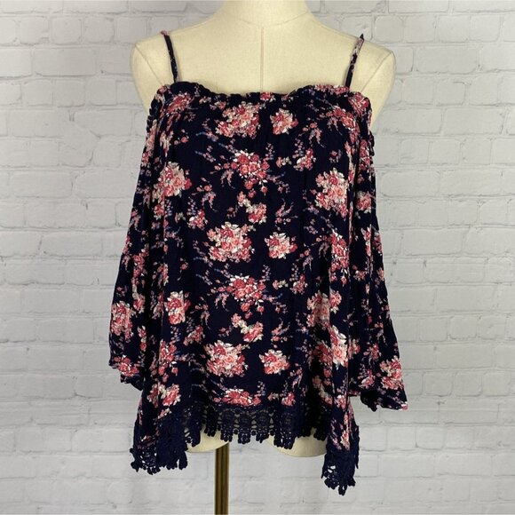 Almost Famous Tops - CLEARANCE Almost Famous Large Navy Blue Floral Print Cold Shoulder Lace Blouse